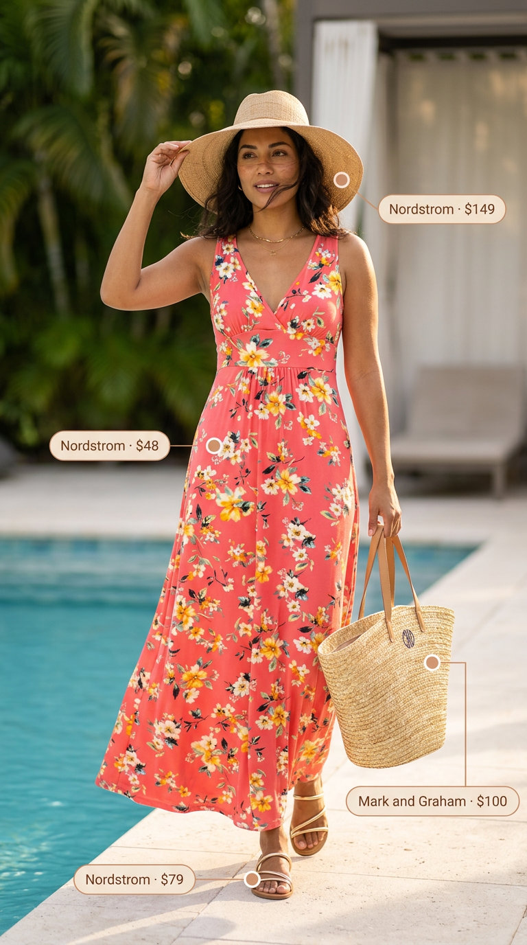 Miami pool party summer outfits for women 2026: Coral floral maxi dress with straw hat and tote for a vibrant resort vacation look.