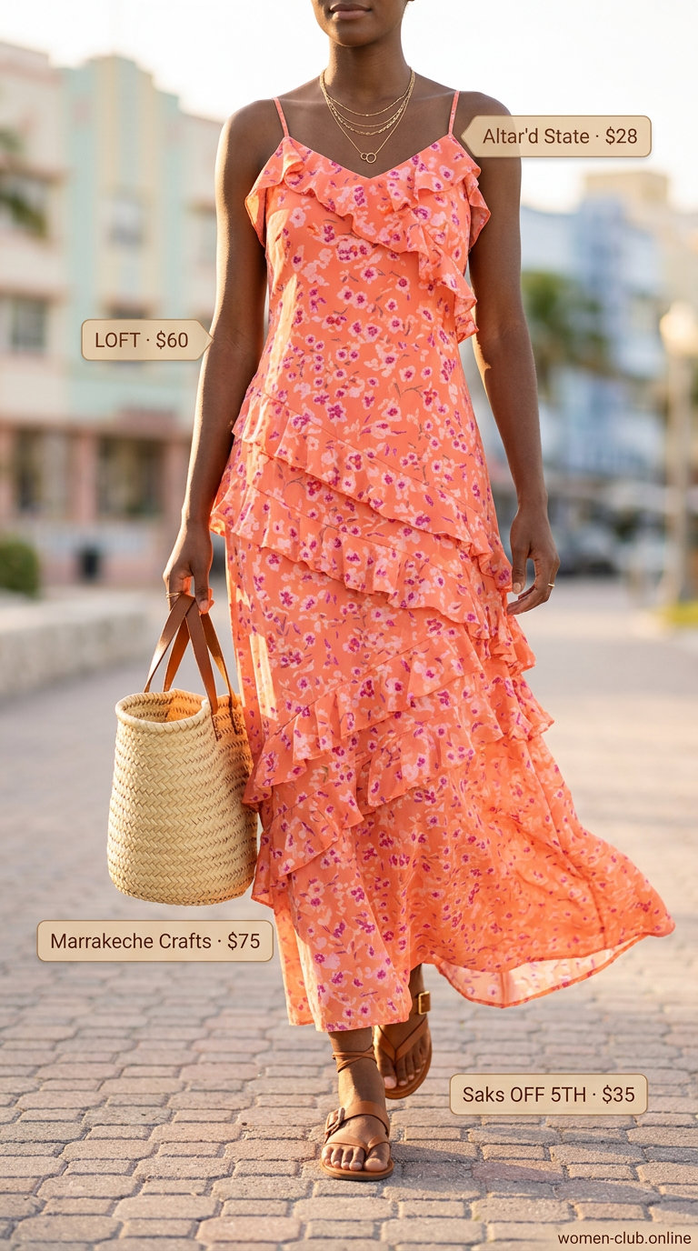 Miami pool party summer outfits for women 2026: Flowy coral maxi dress, gold necklaces, straw tote, and leather sandals for a vibrant look.