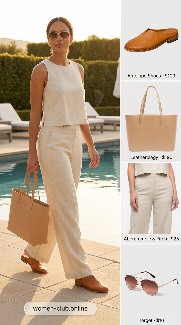 Miami pool party summer outfits for women 2026: Cream linen pants, white oversized shirt, leather mules, tote, and aviator sunglasses for chic resort wear.
