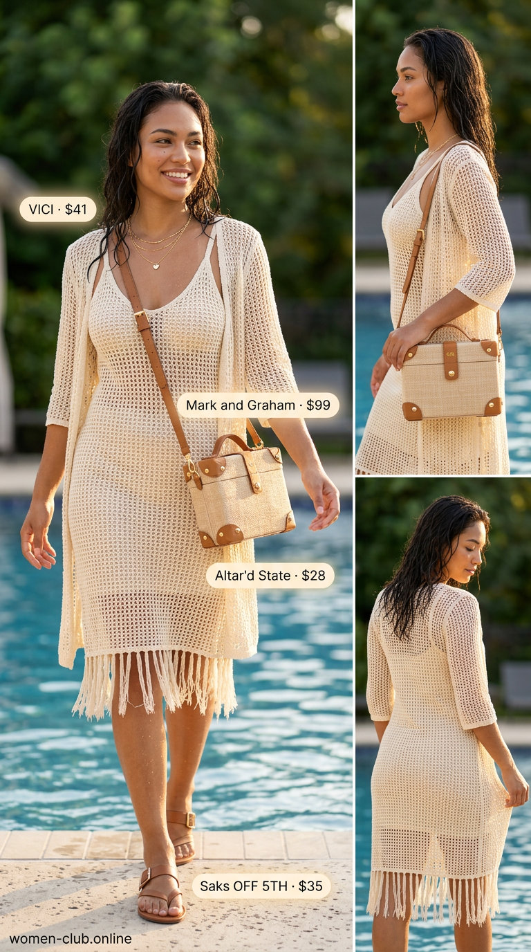 Miami pool party summer outfits for women 2026: Cream crochet midi dress cover-up with gold layered necklaces and raffia bag.