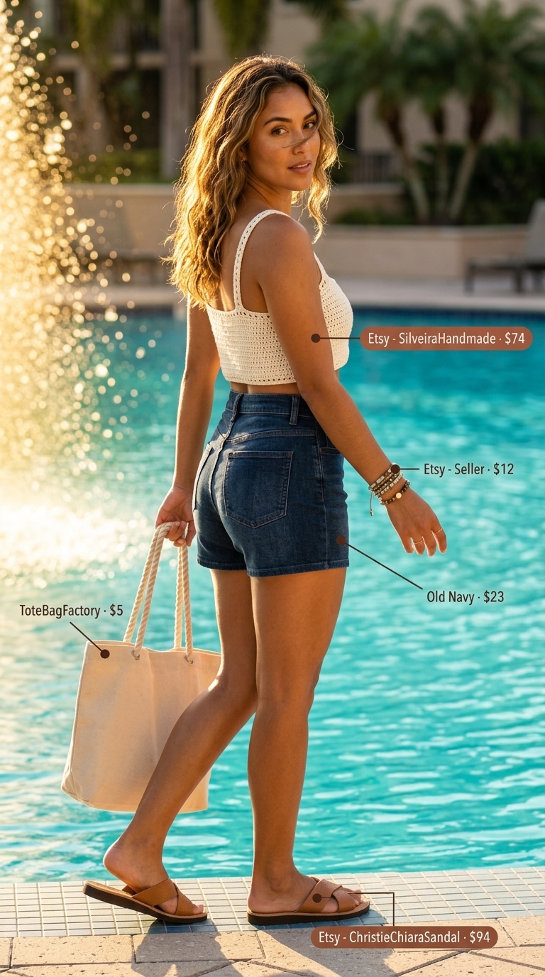 Miami pool party summer outfits for women 2026: Denim shorts, crochet crop top, leather slides, and tote bag for a casual beach vibe.