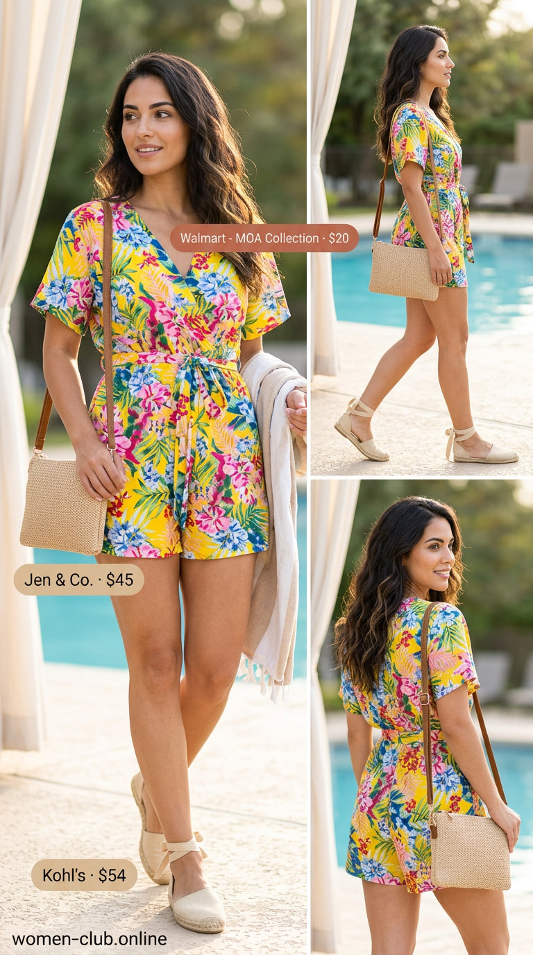Miami pool party summer outfits for women 2026: Multicolor floral romper, straw hat, crossbody bag, and espadrilles for a fun vacation look.
