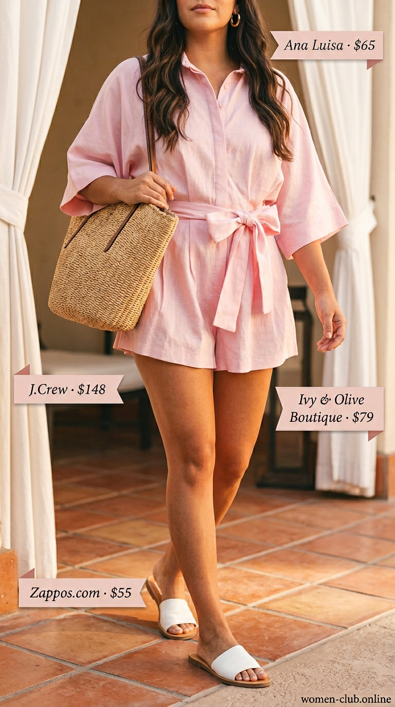 Miami pool party summer outfits for women 2026: Blush pink linen romper, straw tote, and gold hoop earrings.