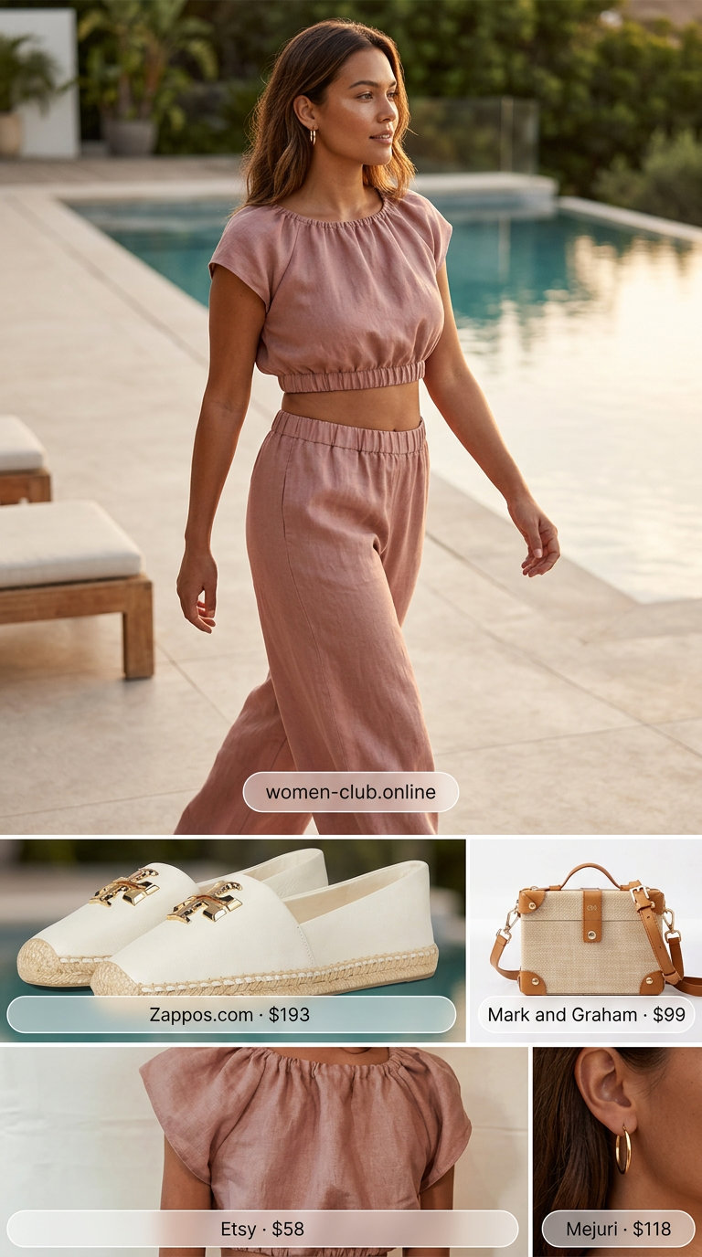 Miami pool party summer outfits for women 2026: Dusty rose linen set, espadrilles, gold hoops, and raffia crossbody for sophisticated resort wear.