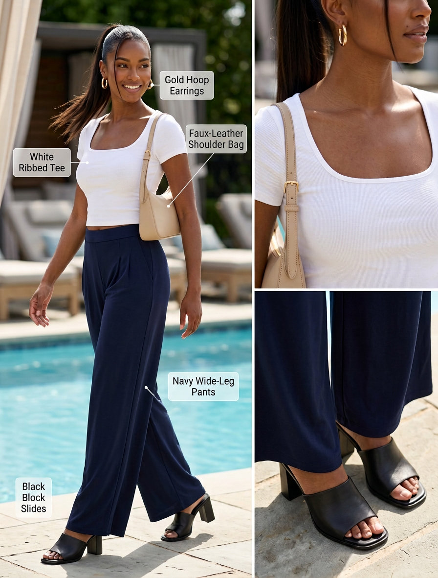 Miami pool party summer outfits for women 2026: Navy wide-leg pants with white crop top, gold hoops, and heeled mules for chic day to night.