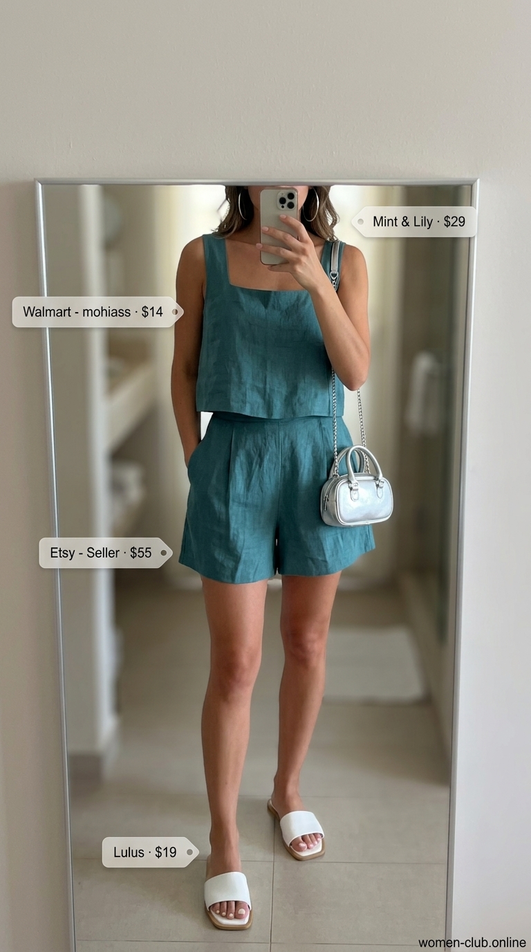 Miami pool party summer outfits for women 2026: Teal linen matching set with silver accessories for a stylish poolside look.
