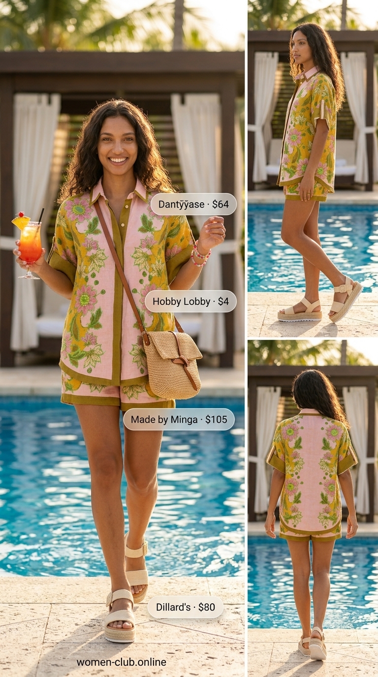 Miami pool party summer outfits for women 2026: Tropical print matching set with espadrille sandals and beaded bracelets for fun vibes.