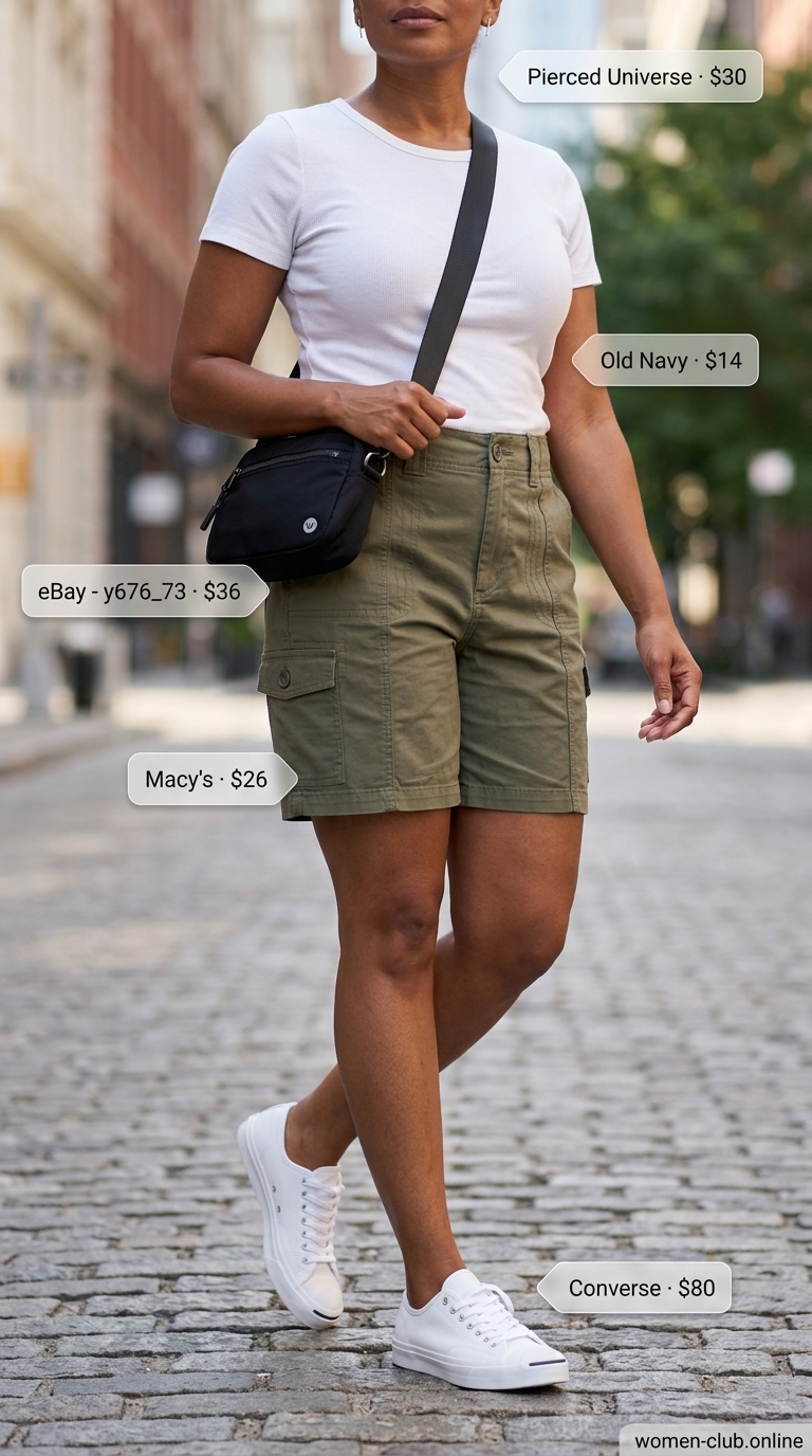 Minimalist summer basics outfits for women 2026: Olive cargo shorts, white tee, sneakers for casual errands.