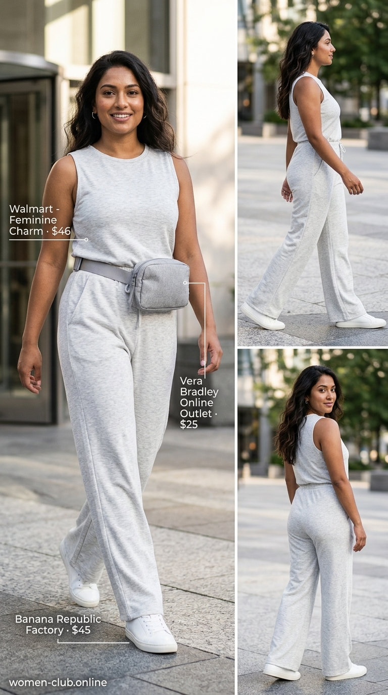 Minimalist summer basics outfits for women 2026: Light grey knit jumpsuit, white sneakers, silver hoops for travel.
