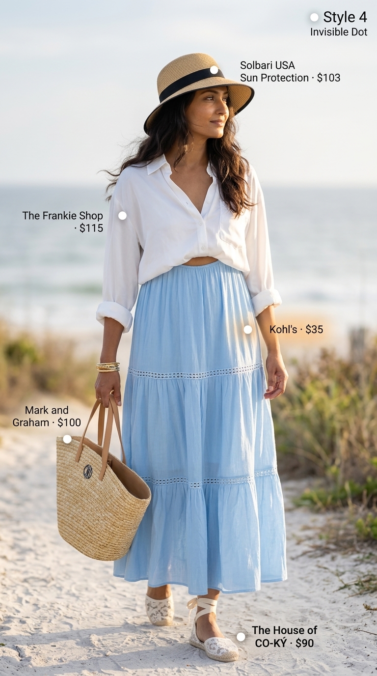 Minimalist summer basics outfits for women 2026: Sky blue flowy maxi dress, straw hat & tote, espadrilles for beach.