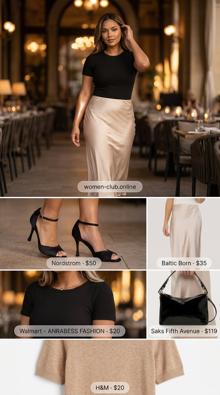 Minimalist summer basics outfits for women 2026: Champagne slip skirt, black knit top, heeled sandals for evening.