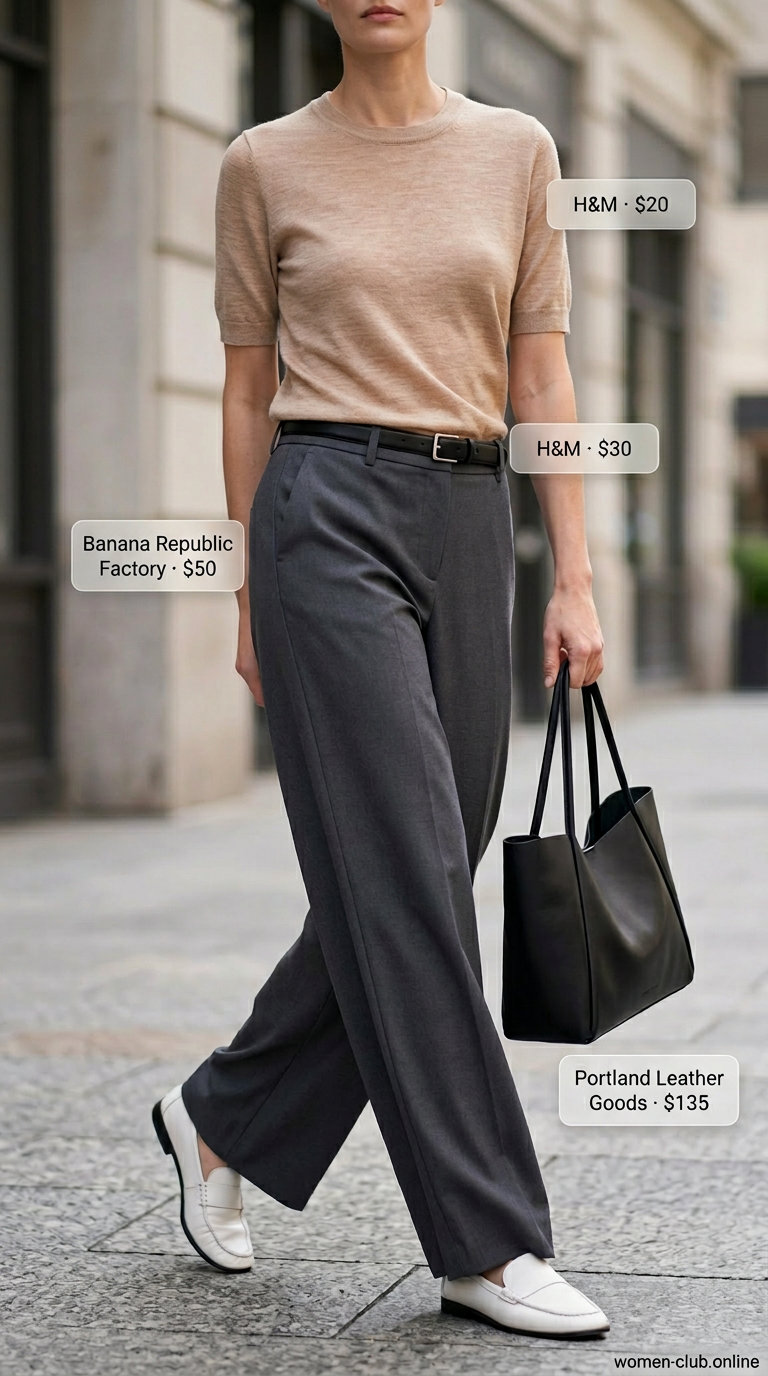 Minimalist summer basics outfits for women 2026: Charcoal wide-leg trousers, white knit top, black mules for smart casual.