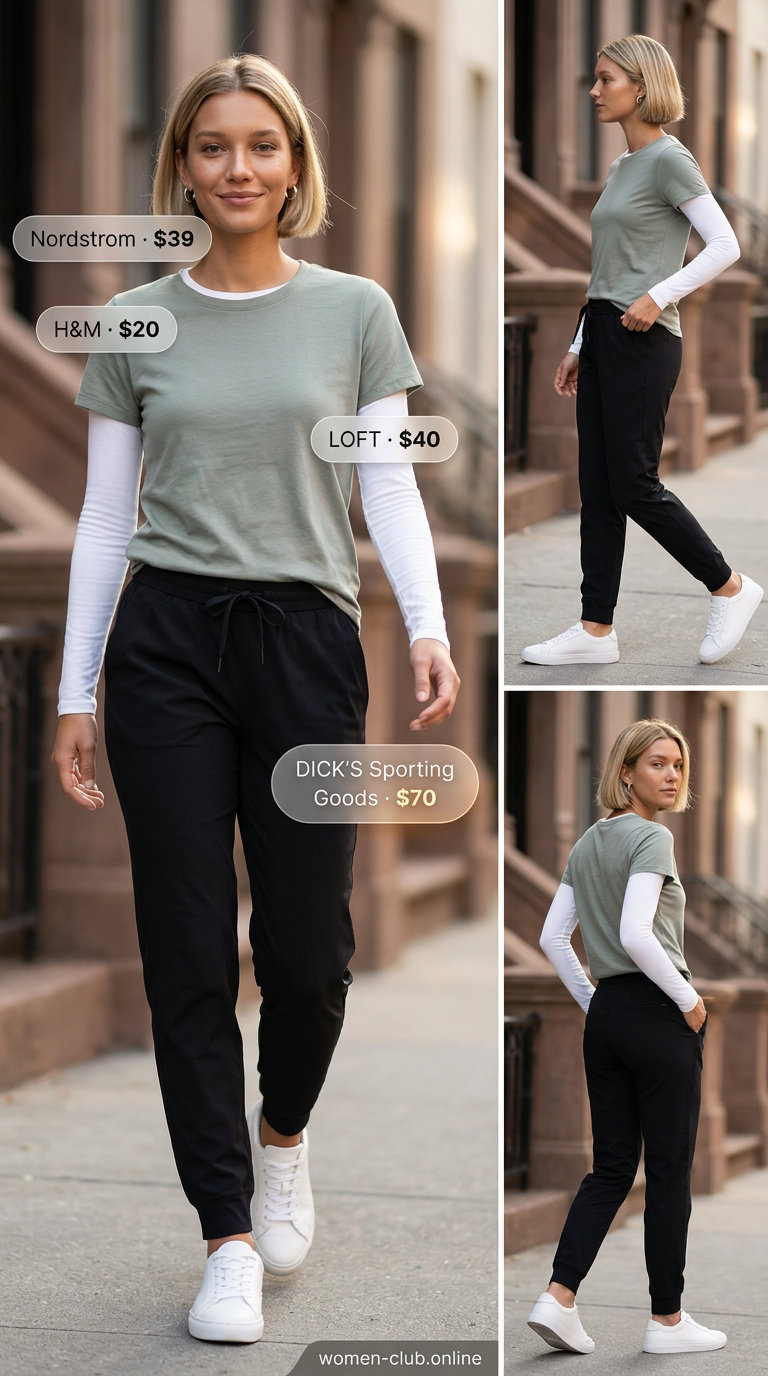 Minimalist summer basics outfits for women 2026: Black joggers, white knit top & sneakers for elevated athleisure.