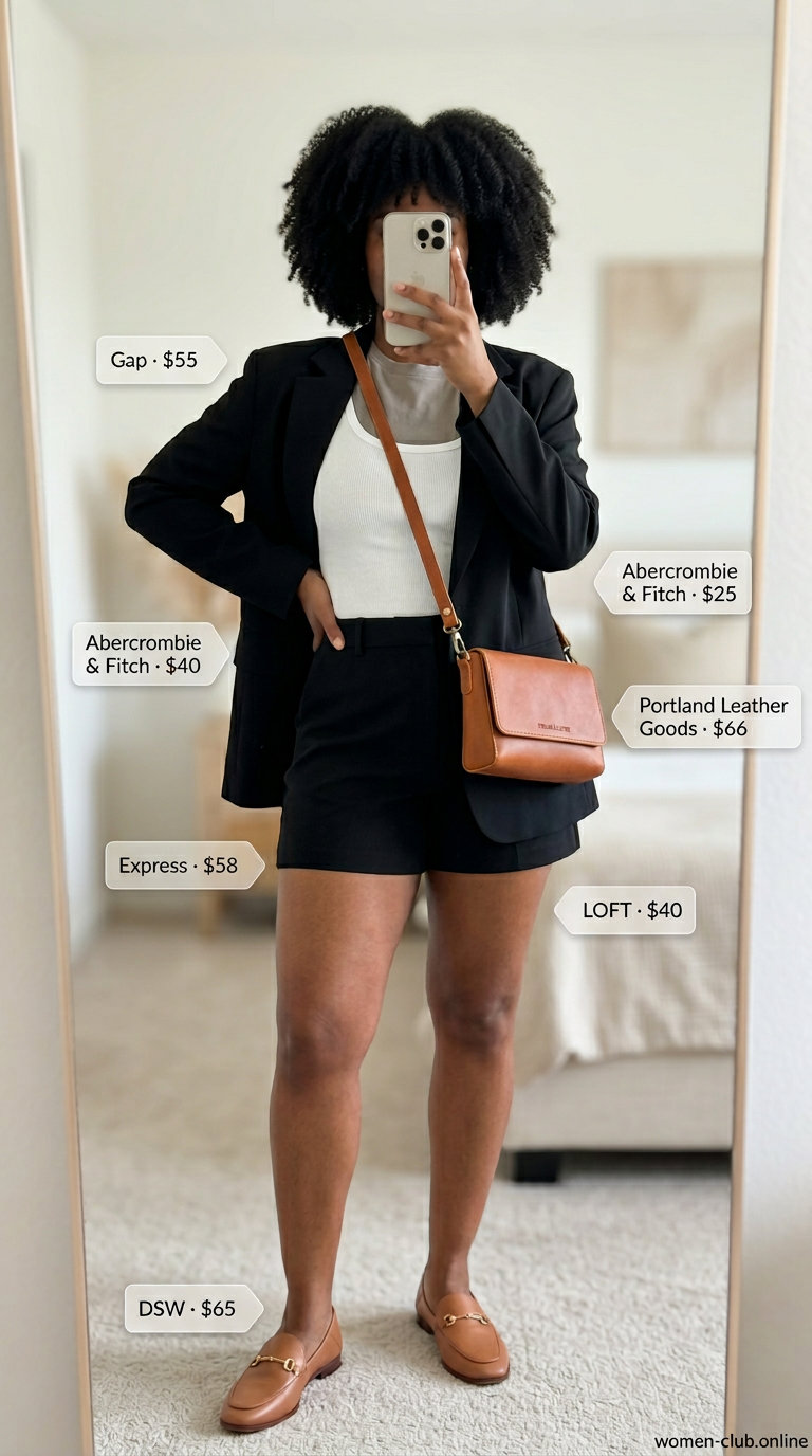 Minimalist summer basics outfits for women 2026: Black blazer, white tank, tan shorts & loafers for day to night.