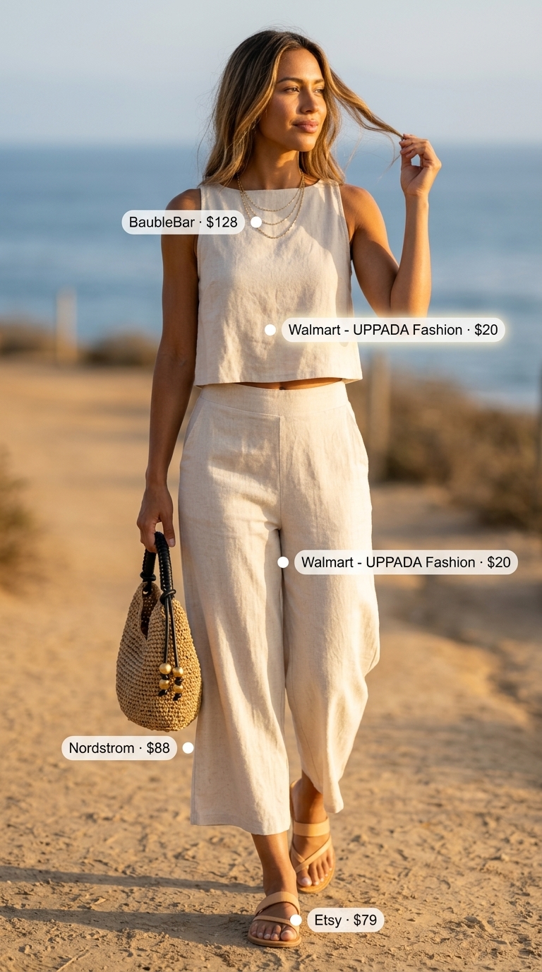 Minimalist summer basics outfits for women 2026: Cream linen set with straw bag and gold jewelry for vacation.