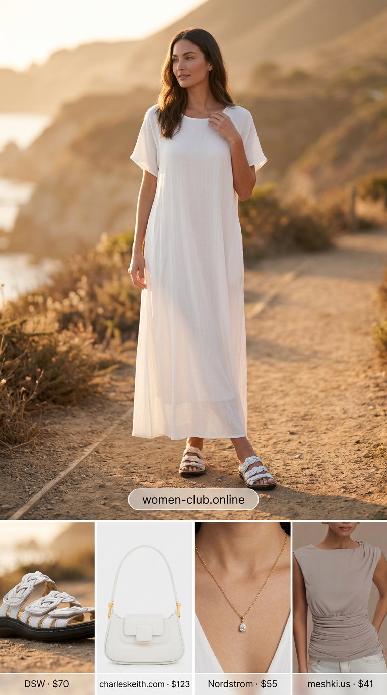 Minimalist summer basics outfits for women 2026: Black maxi dress with white sandals and gold necklace.