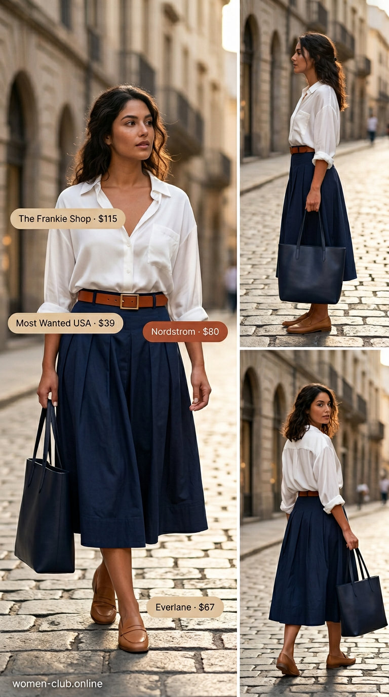 Minimalist summer basics outfits for women 2026: Navy midi skirt with white shirt & loafers for smart casual.