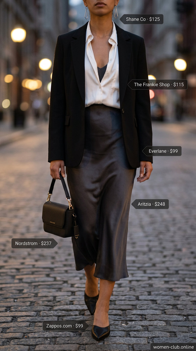 Minimalist summer basics outfits for women 2026: Charcoal slip dress with black blazer & mules for evening.