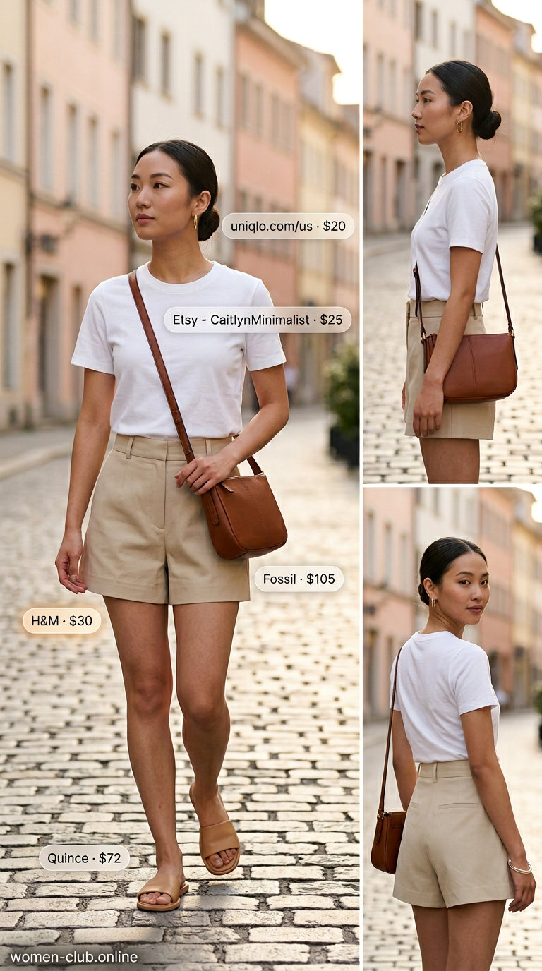 Minimalist summer basics outfits for women 2026: White tee & beige shorts with tan slides for casual chic.