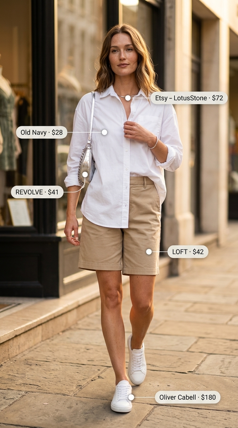Urban khaki Bermuda shorts with white oversized shirt for minimalist summer basics outfits for women 2026.