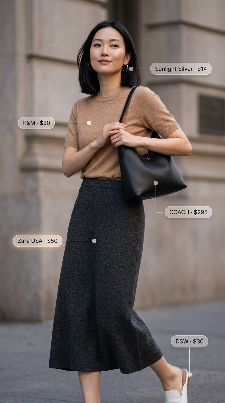 Chic charcoal grey knit skirt set with white mules for minimalist summer basics outfits for women 2026.