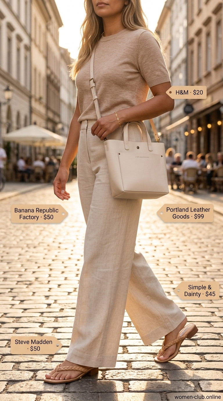 Effortless cream linen pants and beige tank for minimalist summer basics outfits for women 2026.