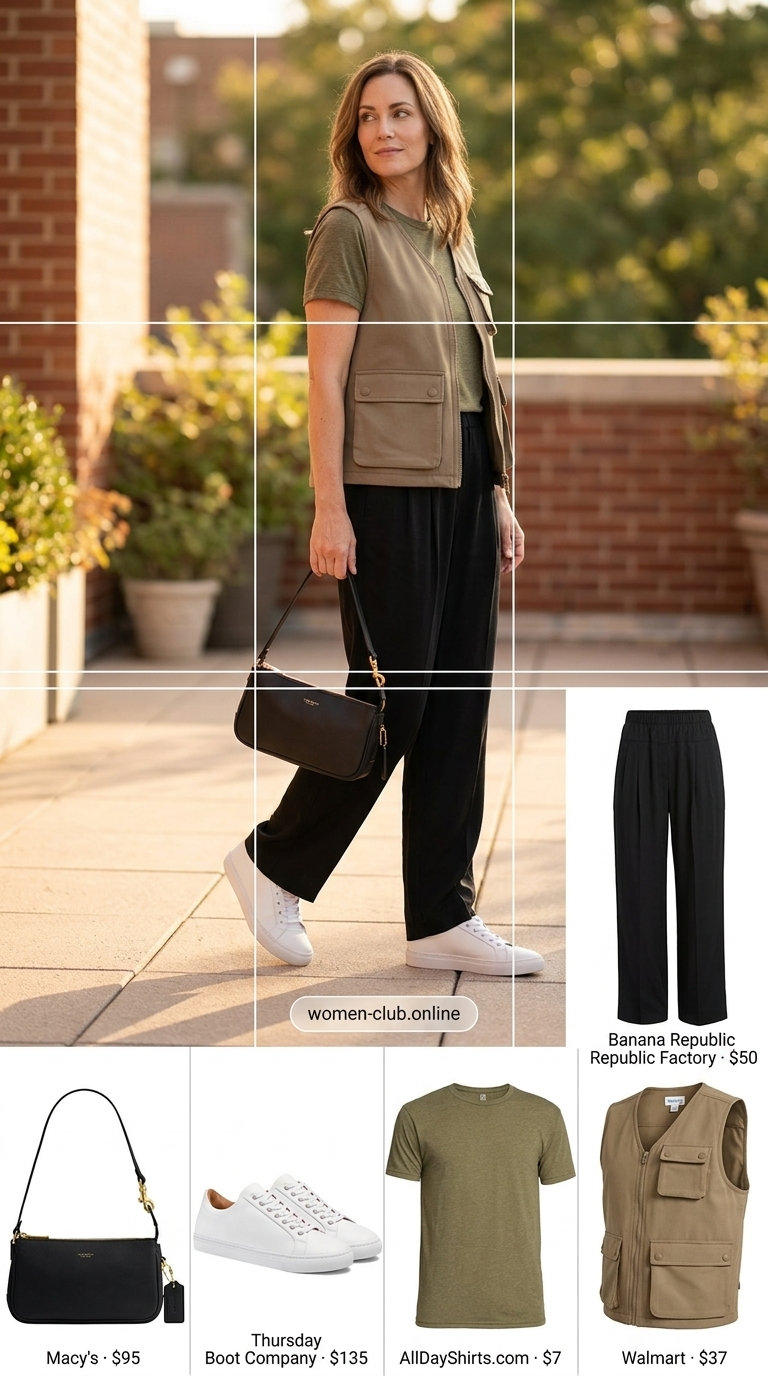 Modern utility vest outfit with khaki vest, white tank, black trousers for minimalist summer basics outfits for women 2026.