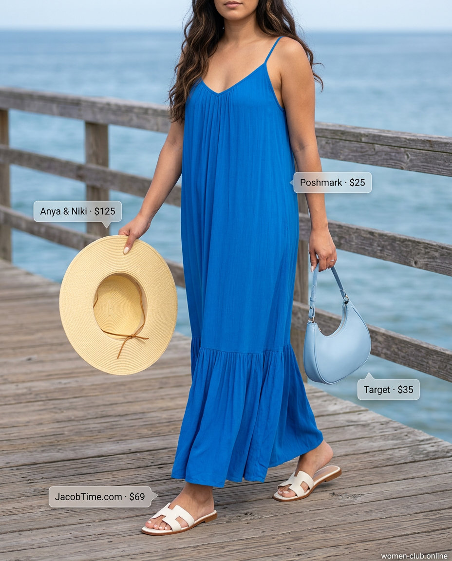 Monochrome blue summer outfit 2026: Cobalt blue maxi dress, white sandals, straw hat, and blue bag for resort wear.