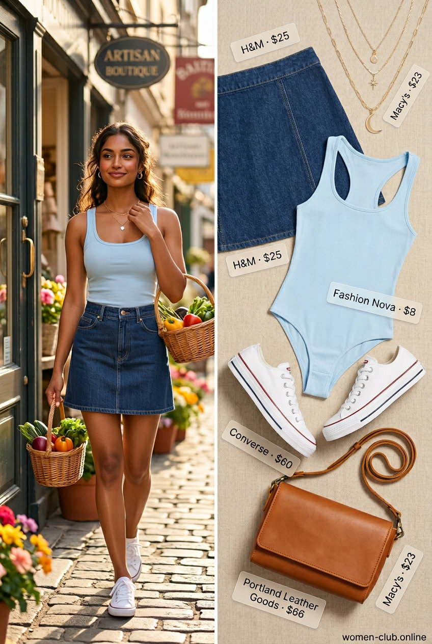 Monochrome blue summer outfits 2026: Indigo denim skirt with white bodysuit, layered necklaces, and tan crossbody bag.