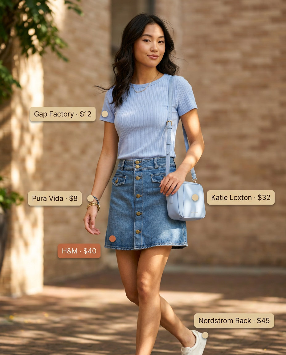 Monochrome blue summer outfit 2026: Denim mini skirt, sky blue top, white sneakers, and crossbody bag for casual days.