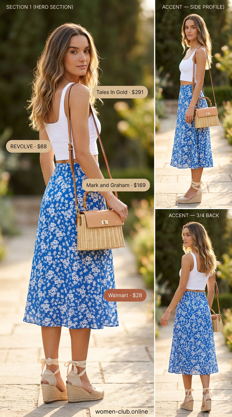 Monochrome blue summer outfit 2026: Azure blue floral midi skirt, white crop top, espadrilles, and straw bag for garden parties.