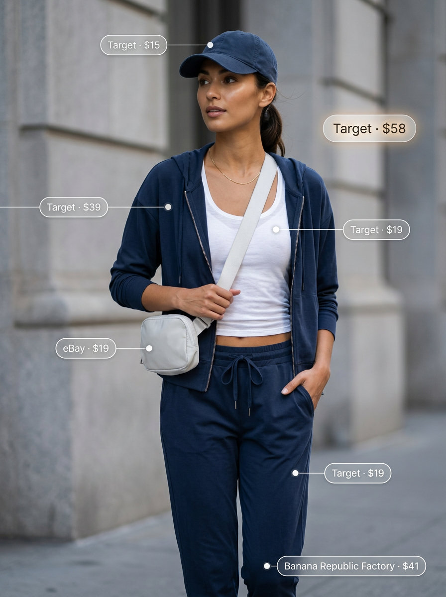 Monochrome blue summer outfit 2026: Navy blue matching jogger set, white sneakers, and grey belt bag for travel.