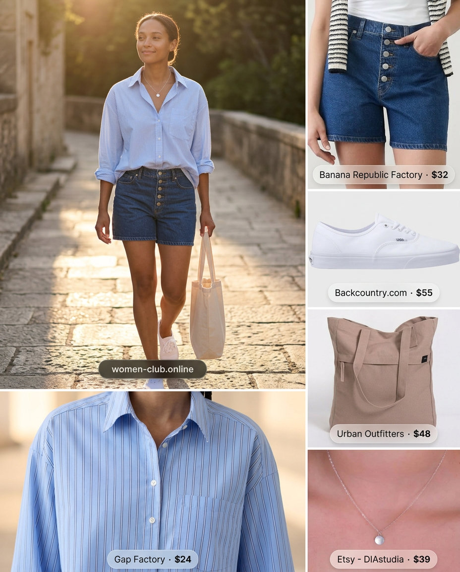Monochrome blue summer outfit 2026: Dark denim shorts, light chambray shirt, white sneakers, and canvas tote for casual days.