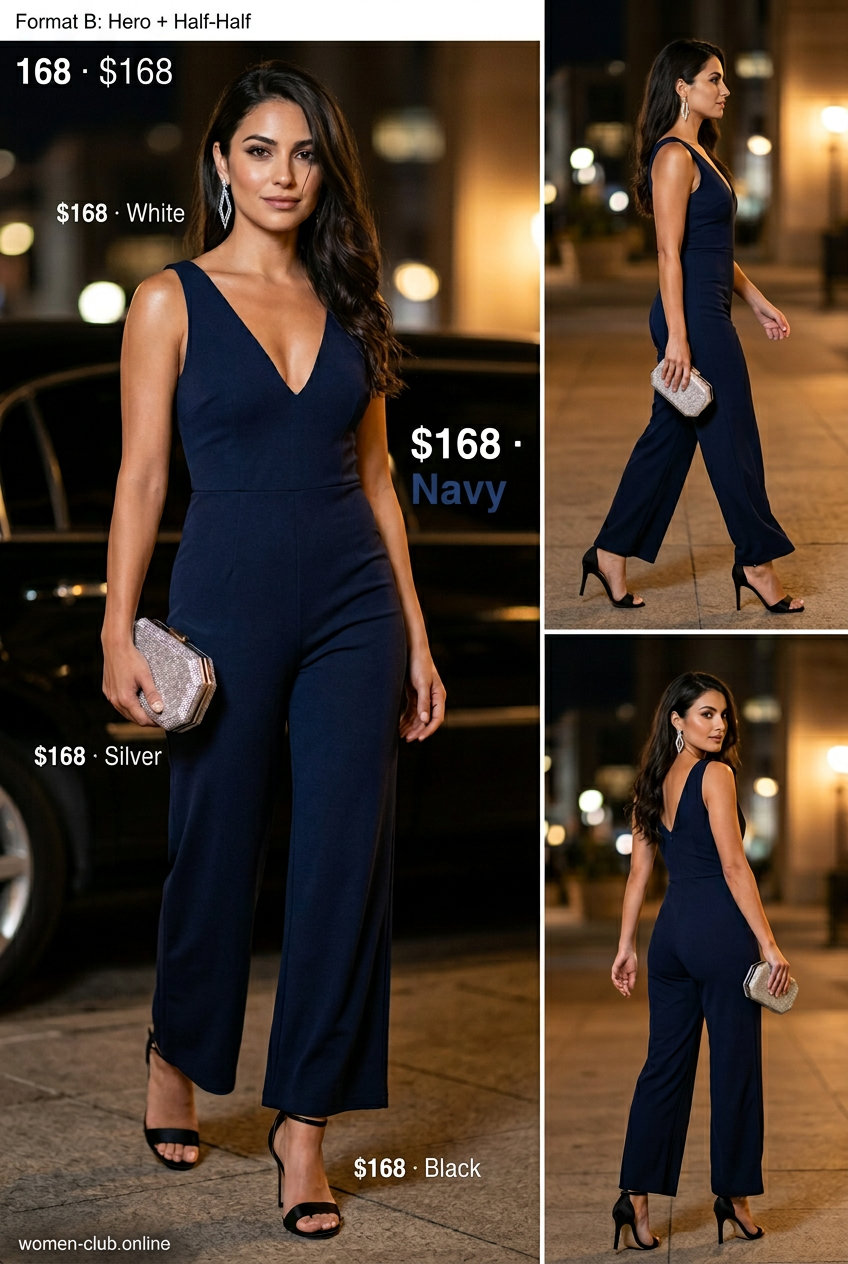 Monochrome blue summer outfit 2026: Navy jumpsuit with silver earrings, clutch, and black heels for evening events.