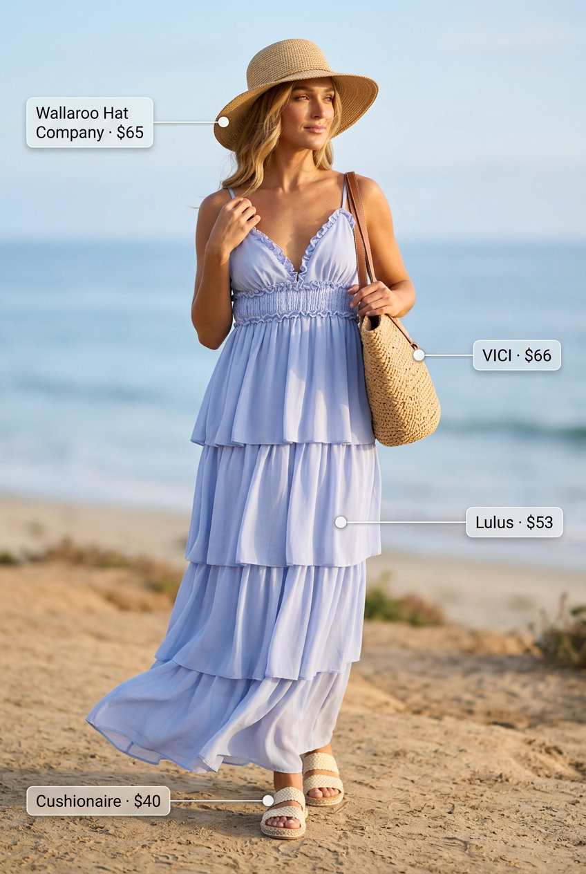 Monochrome blue summer outfit 2026: Sky blue maxi dress, straw tote, espadrilles, and wide-brim hat for beach days.