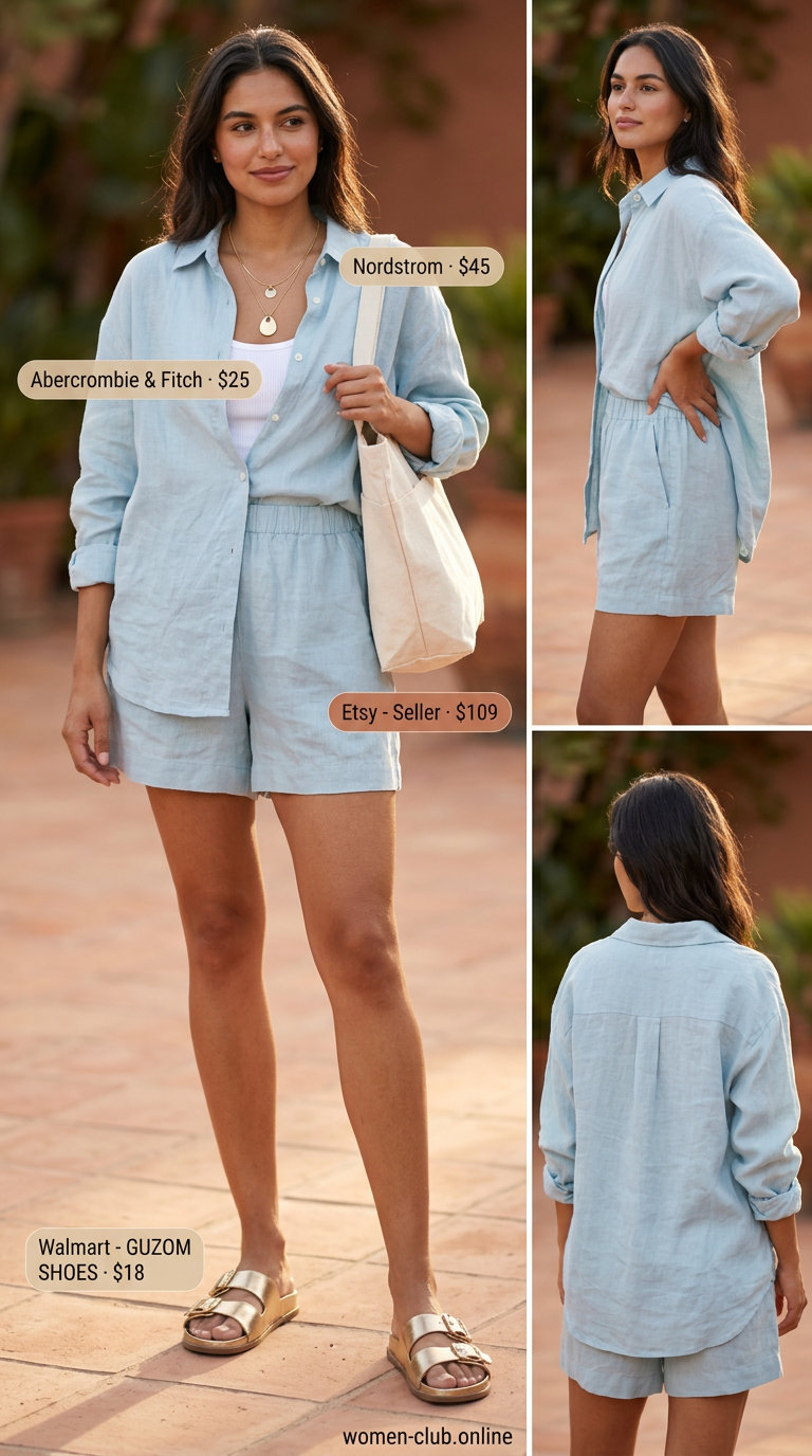 Monochrome blue summer outfits 2026: Ocean mist linen set with white tank, gold sandals, and canvas tote.