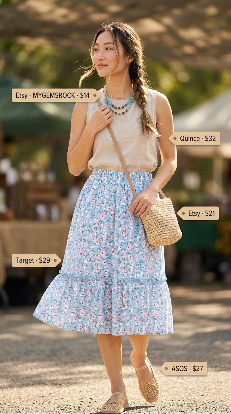 Monochrome blue summer outfits 2026: Pastel blue floral midi skirt with linen tank, espadrilles, and straw bag.