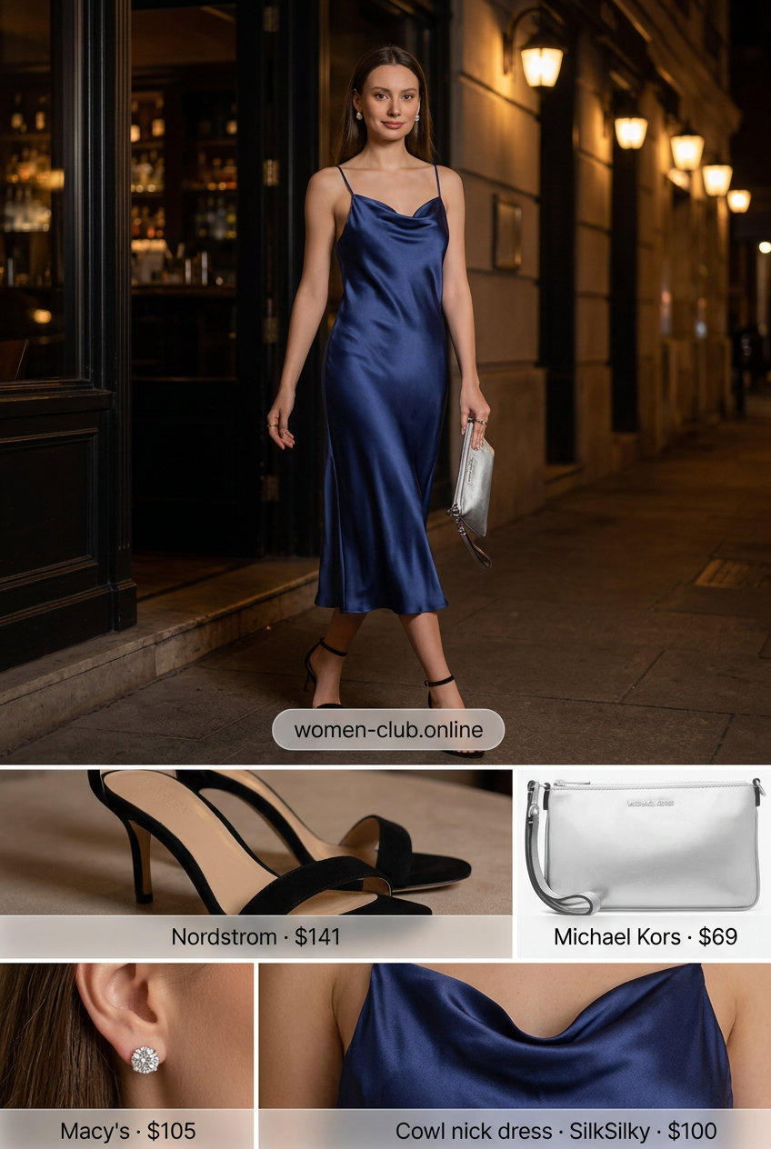 Monochrome blue summer outfit 2026: Sapphire blue slip dress, black heels, silver clutch, and diamond earrings for evening.