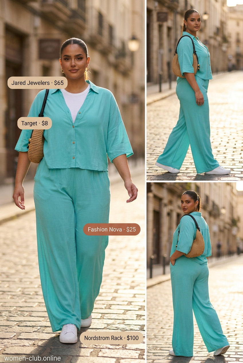 Monochrome blue summer outfits 2026: Teal linen set with white tank, sneakers, and straw bag.