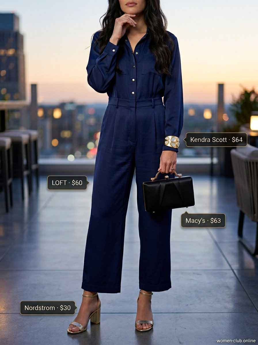 Monochrome blue summer outfit 2026: Sapphire blue utility jumpsuit, gold cuff, gold sandals, and black clutch for parties.
