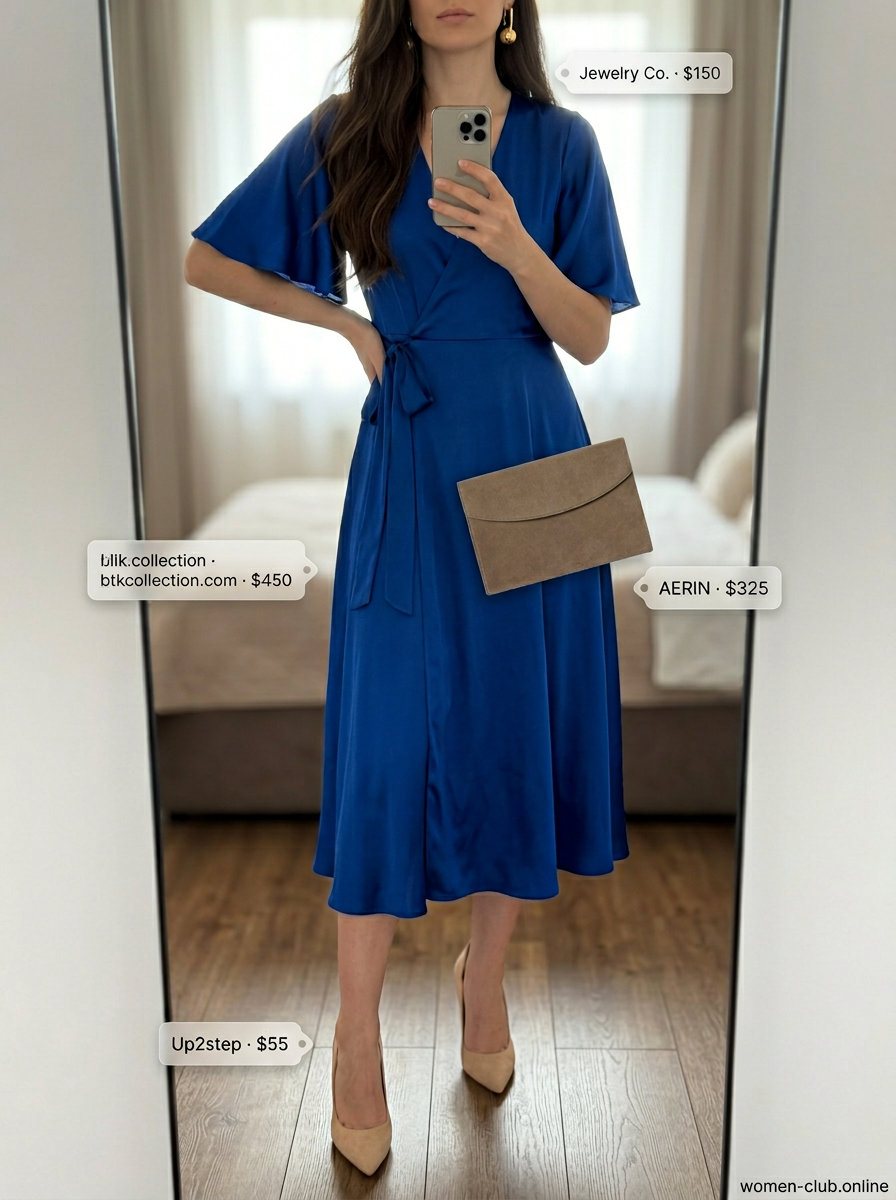 Monochrome blue summer outfit 2026: Royal blue wrap dress, nude heels, nude clutch, and gold earrings for events.