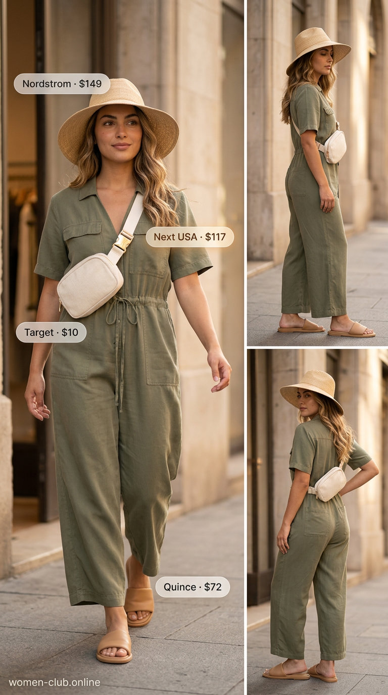 Neutral summer capsule outfit: Olive jumpsuit, straw hat, tan slides, and canvas belt bag for casual day.