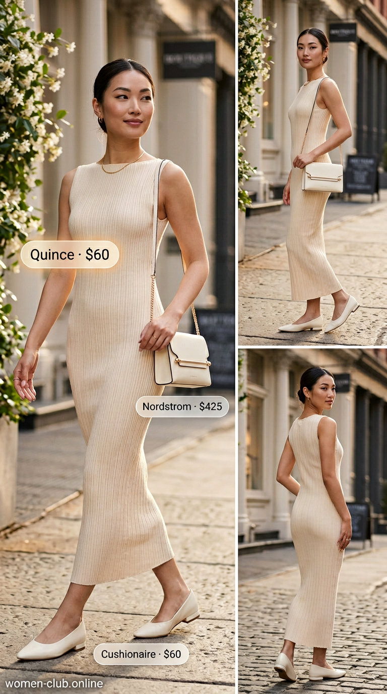 Neutral summer capsule outfit: Taupe knit dress, cream bag, gold jewelry, and ballet flats for brunch.