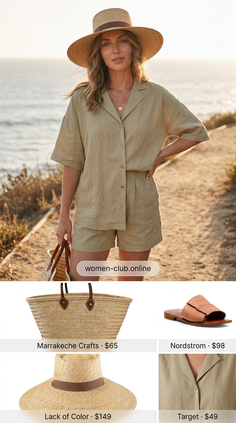 Neutral summer capsule outfit: Khaki linen set, straw hat, leather slides, and market tote for beach resort style.