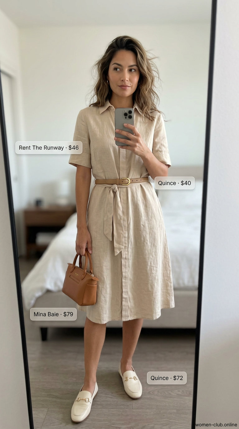 Neutral summer capsule outfit: Beige linen shirt dress, tan crossbody, leather belt, and white mules for casual days.