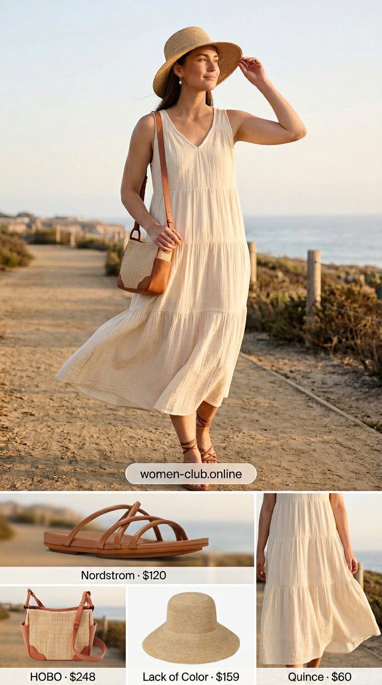Neutral summer capsule outfit: Cream flowy maxi dress, straw hat, leather sandals, and crossbody bag for vacation.