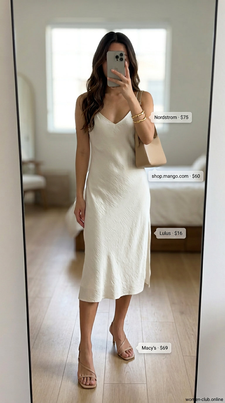 Neutral summer capsule outfit: Ivory slip dress, gold jewelry, nude heels, and taupe shoulder bag for date night.