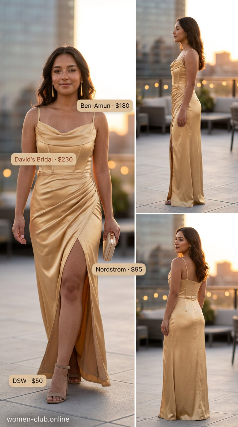 Neutral summer capsule outfit: Golden yellow slip dress, beige heels, gold earrings, and clutch for evening event.
