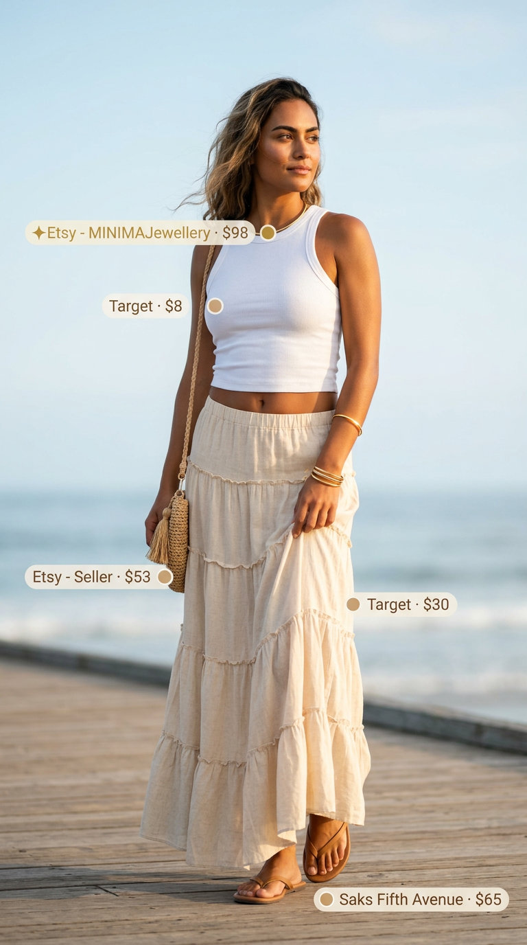 Neutral summer capsule outfits for women 2026: Beige tiered maxi skirt with white tank and leather sandals for casual daytime.