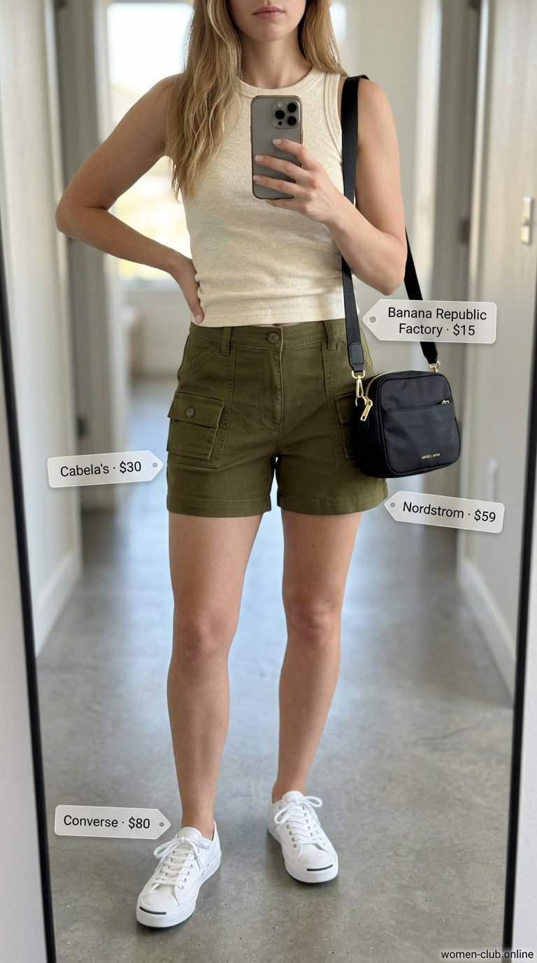 Neutral summer capsule outfit: olive cargo shorts, cream tank, white sneakers, black crossbody. Modern casual style.